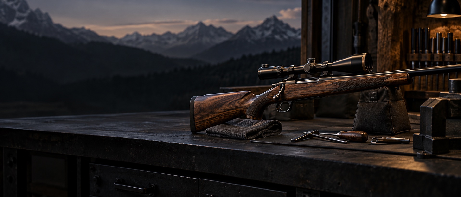 A precision sporting rifle resting safely on a dark gunsmith workbench in a mountain workshop